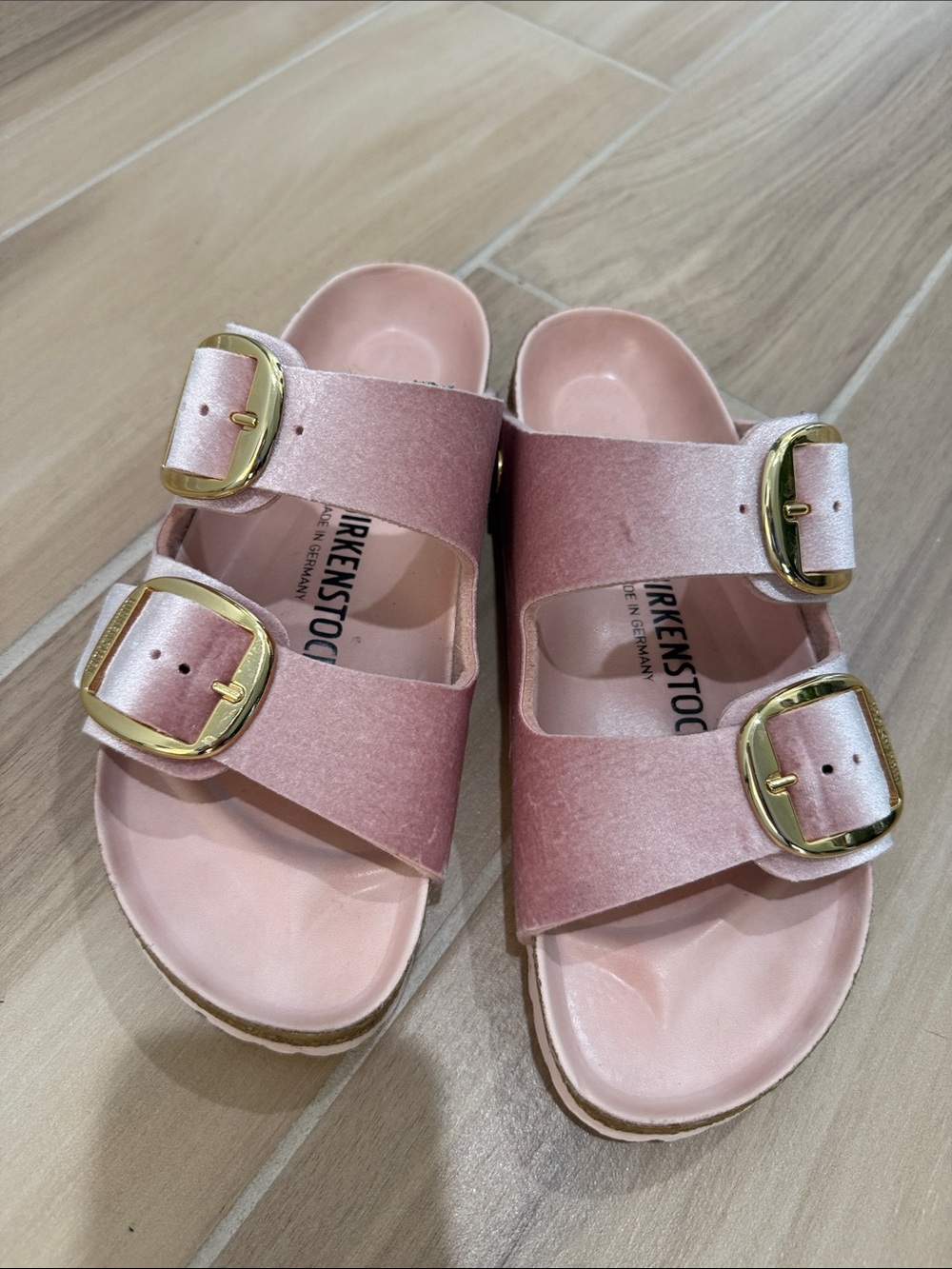 Birkenstock Rose Pink Double-Buckle Sandals with Gold Buckles